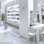 Mostrador termoconformado en Corian Blanco para farmacia, proyectado por el estudio de arquitectos Pablo Belda y Tomas Amat